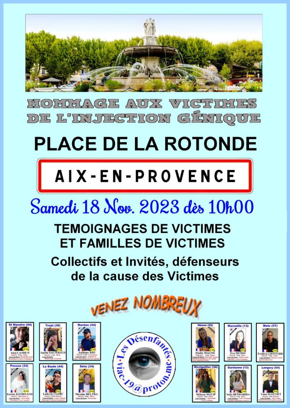 affiche homage aux victimes des injections covid - Aix en Provence 18 novembre 2023